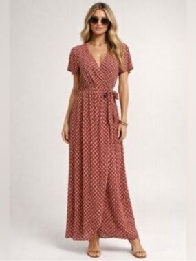 Vici Rust Polka Dot Wrap Maxi Dress